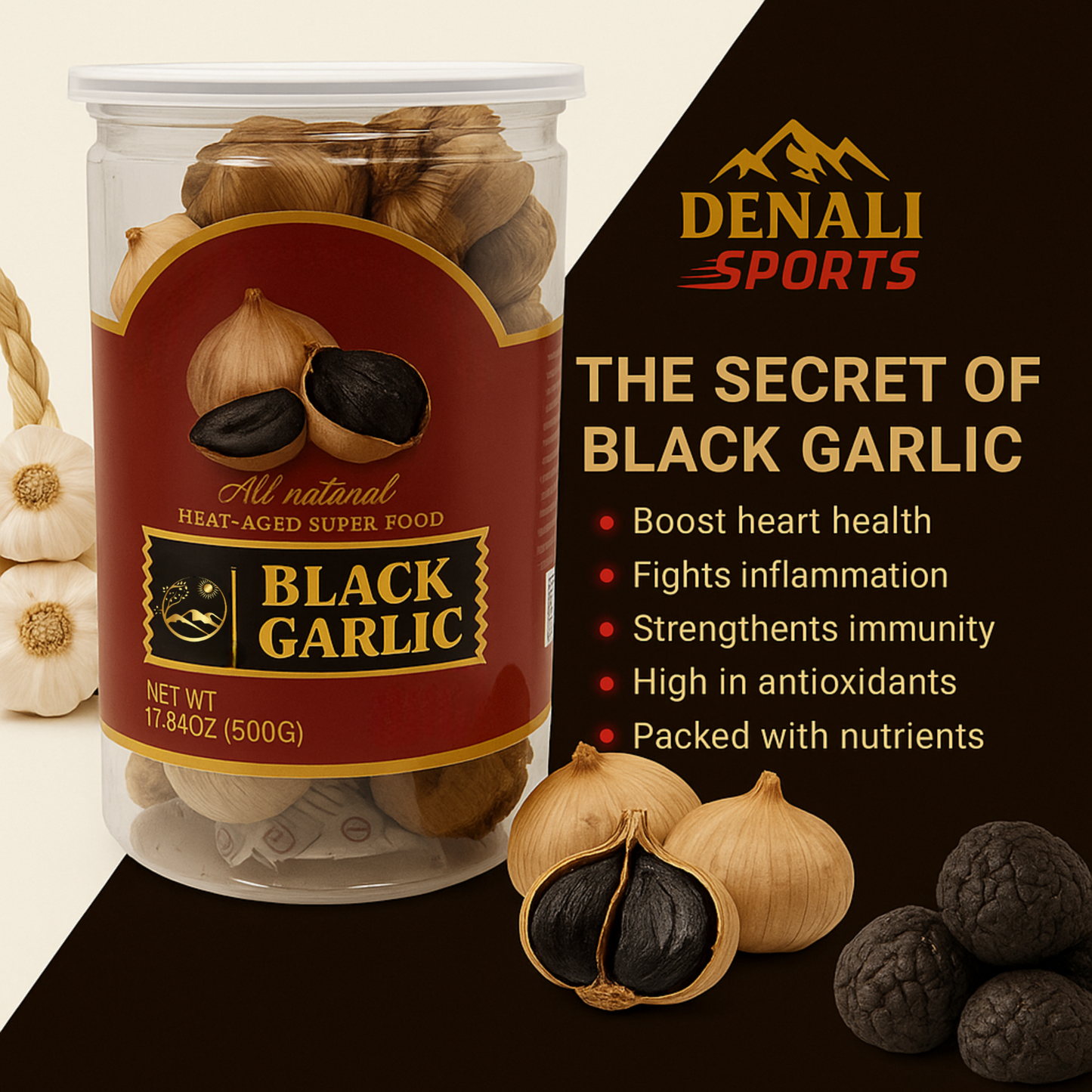 Black Garlic 17.64 Oz (500G) Whole Black Garlic Denali Sports Fermented Super Foods, Non-GMOs, Non-Additives, High in Antioxidants, Ready to Eat